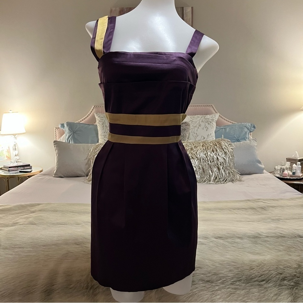 MINUET Purple Gold S Sleeveless Short Formal Stretch Natural Waist Pencil Dress